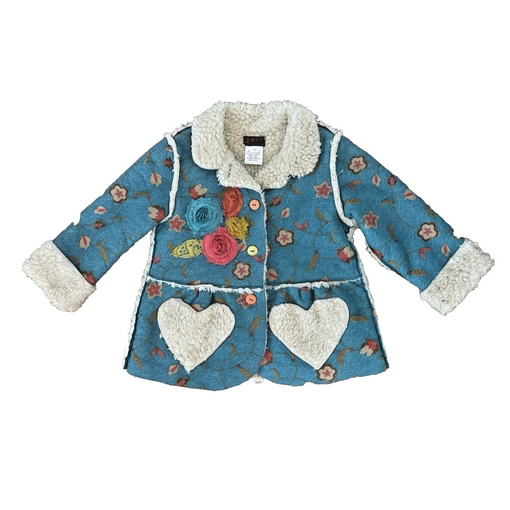 Zaza Couture‎ Girls Blue Shearling Cute Flower Button Accents Coat 3T
